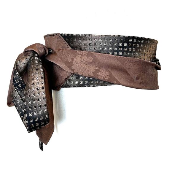 Unique Satin Obi Belt Wide One Size Wrap Brown Cocoa Upcycled Necktie Ties - Picture 2 of 5